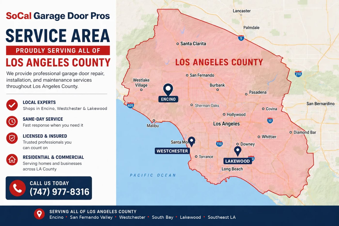 Map of the SoCal Garage Door Pros service area across Los Angeles County